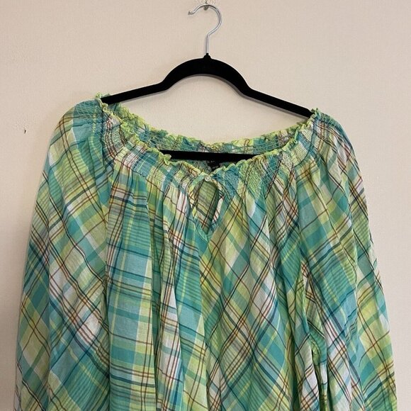 Lane Bryant 18/20 Green Plaid Cotton Gauze Long Sleeve Smocked Keyhole Top NWT - Picture 5 of 12
